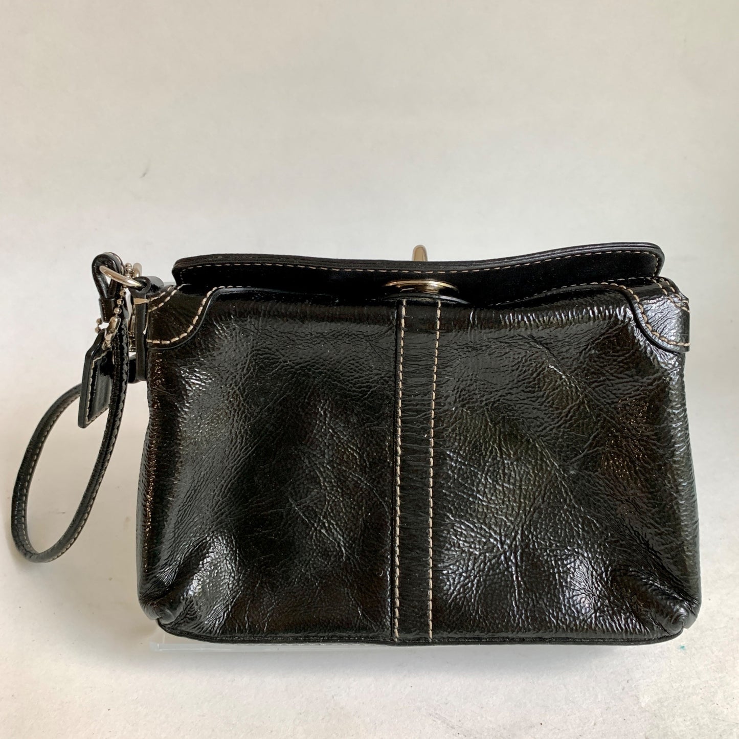 Coach Black Patent Leather Turnlock Silver Wristlet Fold Over