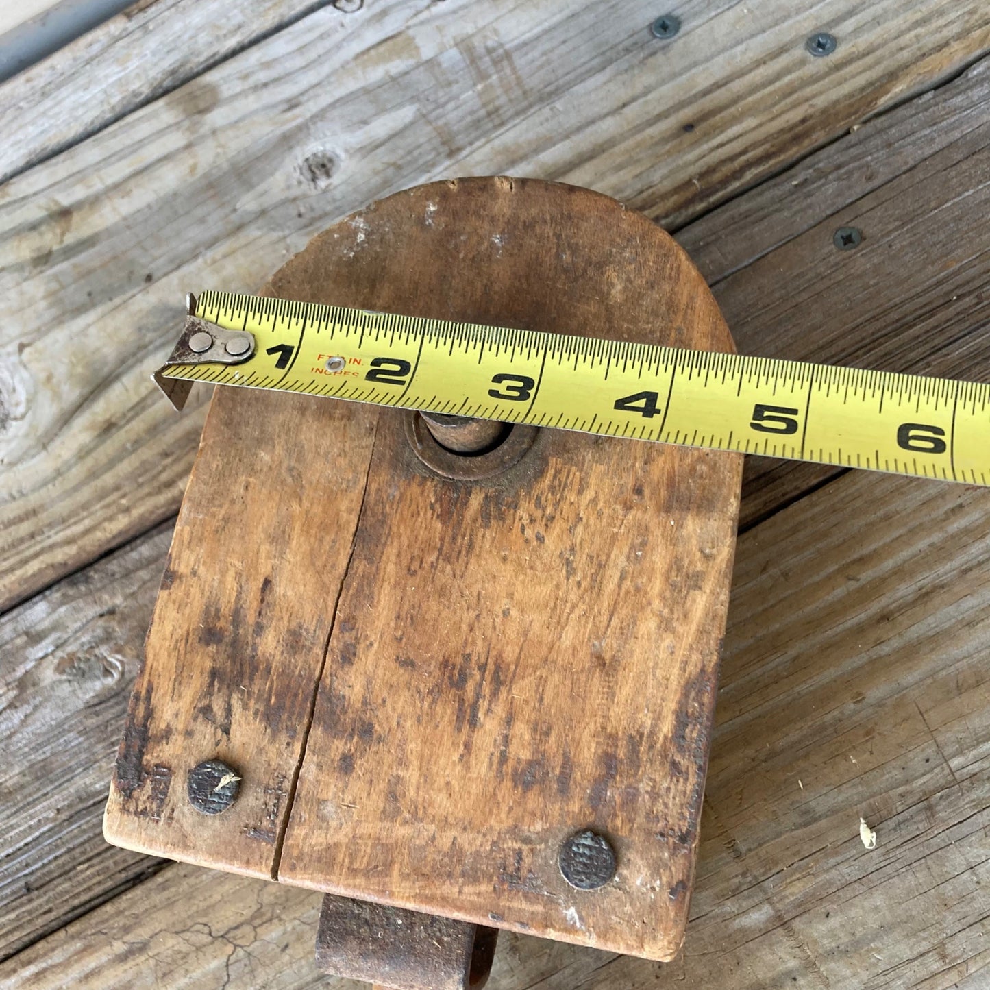 Vintage Wood Single Pulley w/ Hook Block & Tackle Steampunk Farm Tool