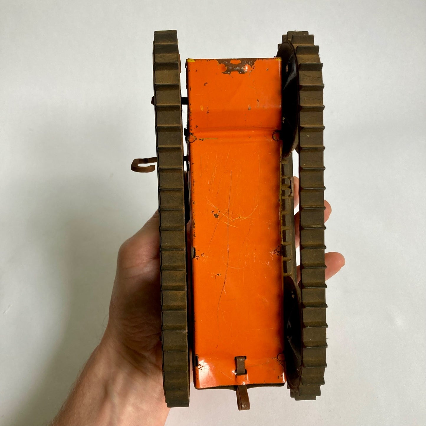 Vintage Marx Tin Litho Bulldozer Wind-up Toy Orange Tested & WORKS!