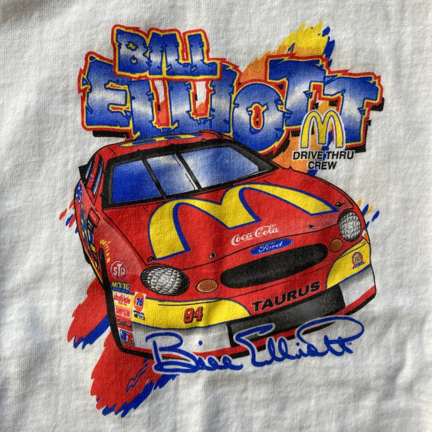 Vintage Bill Elliott NASCAR "Drive Thru Crew" T-Shirt Youth Size L McDonalds #94