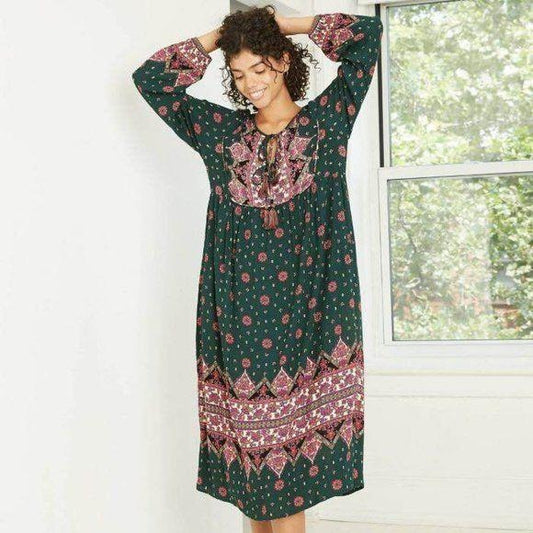 Knox Rose Green Printed Long Sleeve Dress New