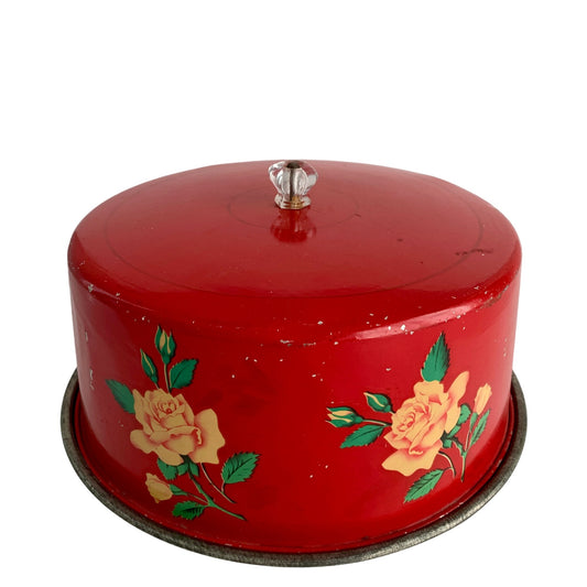 Vintage Carlton Red Metal Floral Cake Carrier Cover Saver