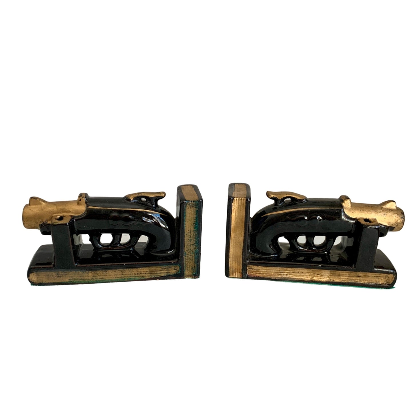 Pair Black Gold Pistol Bookends Japan Ceramic