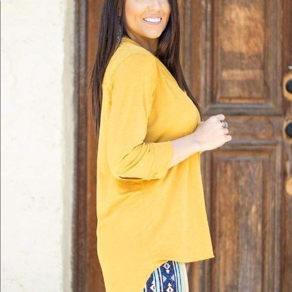 New Mustard 3/4 Sleeve Button Plunging Top