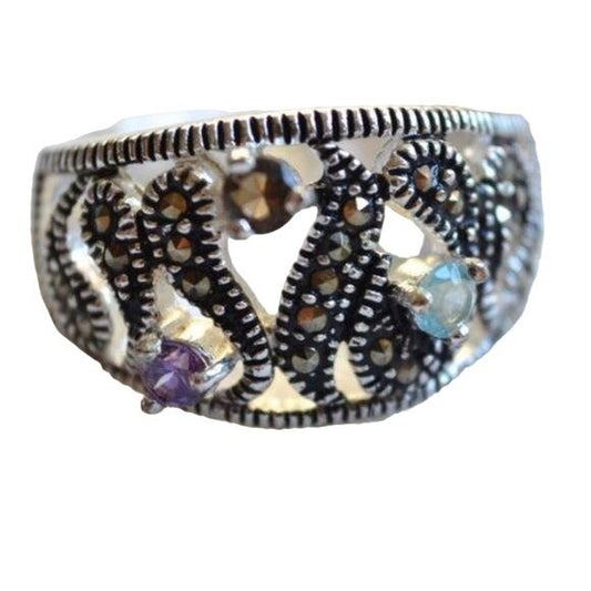 New Silver Plate Colored Crystal Marcasite Ring Size 7