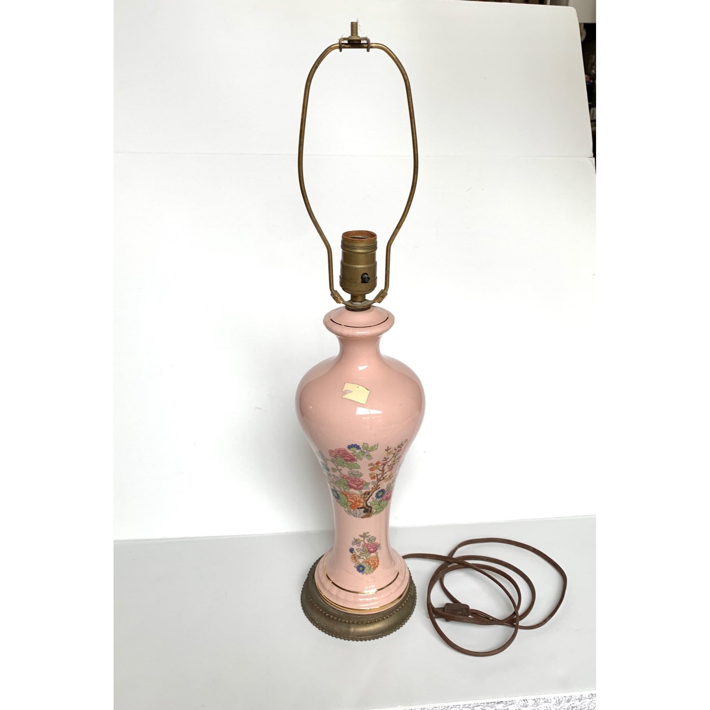 Vintage Light Pink Glass & Metal Floral Table Lamp
