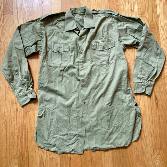 Vintage Swedish Army OD Green Work Shirt Military Cotton Field Uniform Olive 40