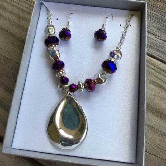 Purple & Silver Teardrop Pendant Necklace