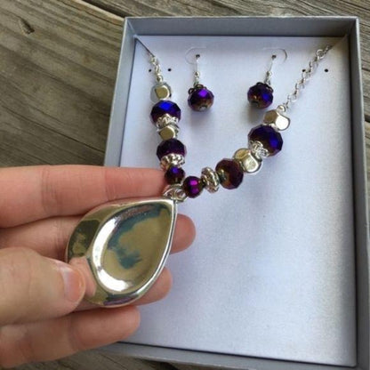Purple & Silver Teardrop Pendant Necklace