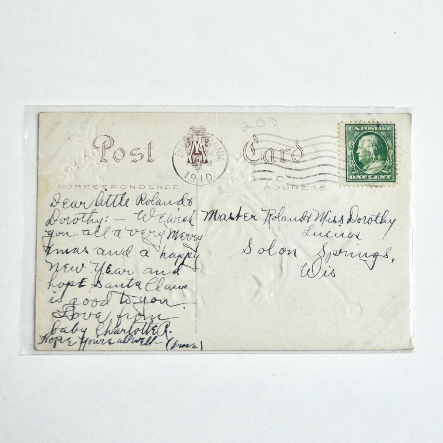 1910 Antique Christmas Postcard Greetings Curly Haired Girl on Toy Horse