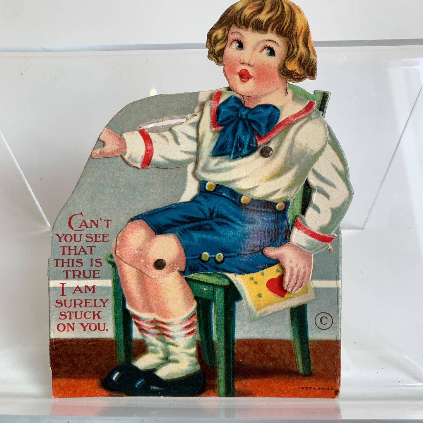 Vintage Valentine's Day Card Articulating Boy on Chair