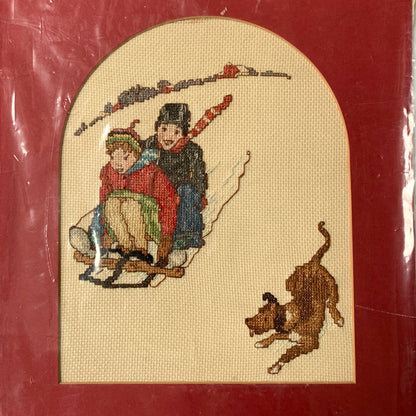 Norman Rockwell Boys Sledding with Dog Cross Stitch Needlepoint Picture