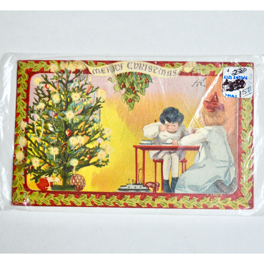 1907 Antique Merry Christmas Postcard Children Eating at Table