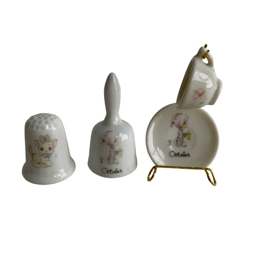Precious Moments October Mini Plate Cup Stand Thimble Bell Set