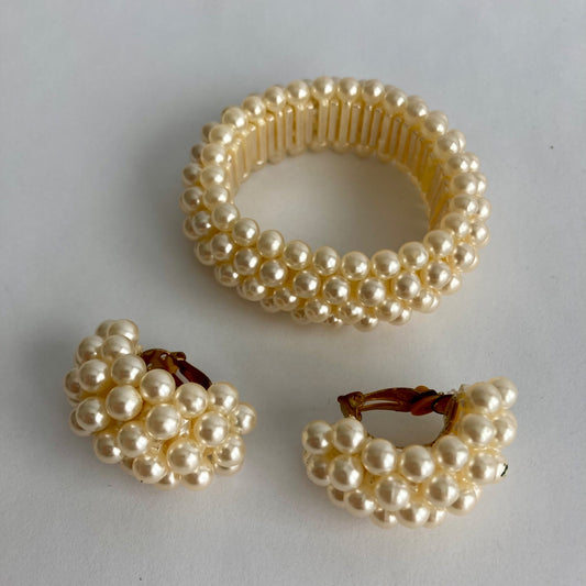 Vintage Faux Pearl Stretch Cluster Bracelet & Clip-On Earrings Set