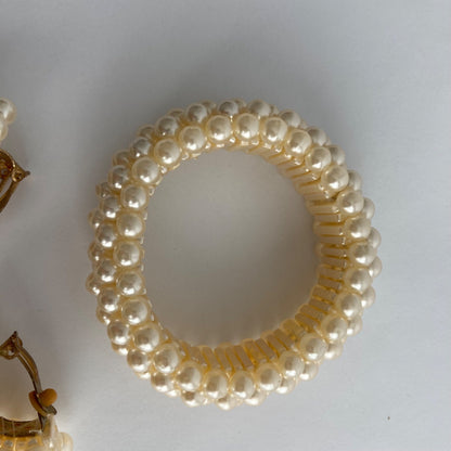 Vintage Faux Pearl Stretch Cluster Bracelet & Clip-On Earrings Set