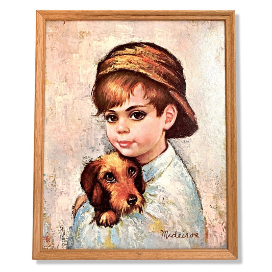 Vintage Medeiros Boy with Dog Signed Framed Print