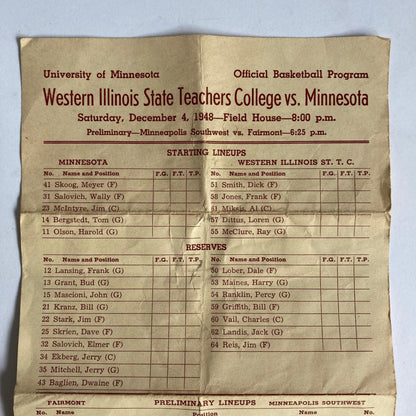Vintage 1948 University of Minnesota Basketball Program vs Western Illinois