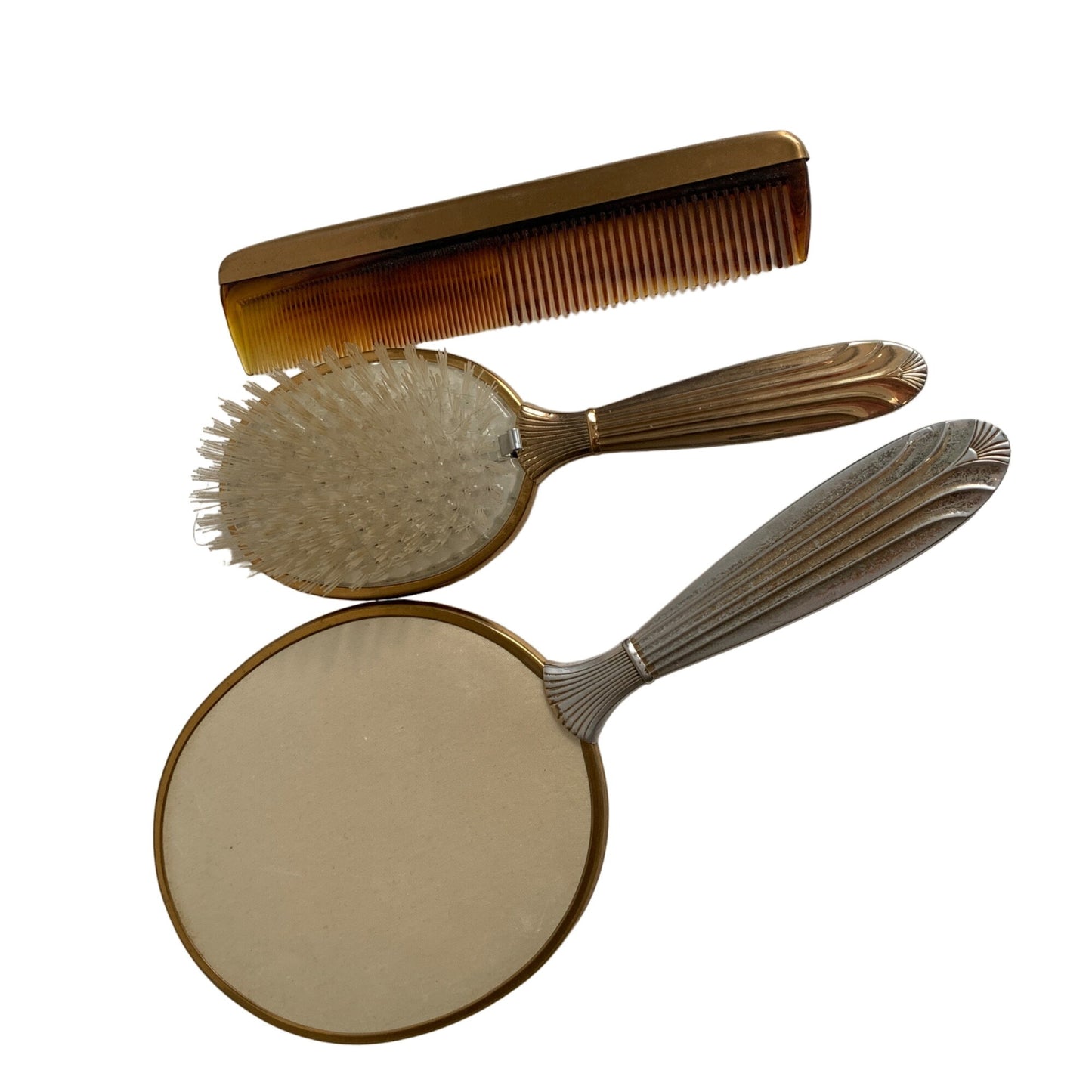 Vintage Gold Toned Lace Detail Dresser Mirror Brush and Comb Set