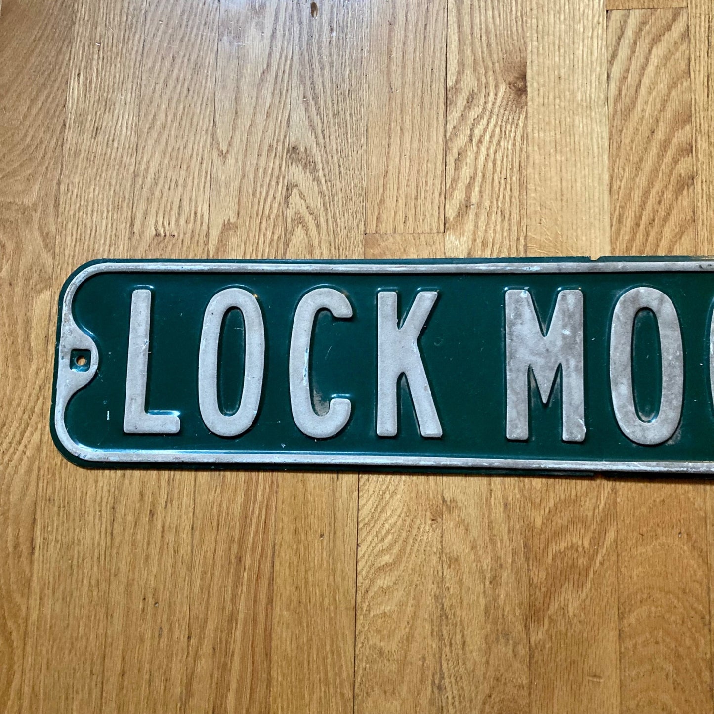 Vintage Street Sign LOCK MOOR DRIVE Green/White Embossed Letters 36"
