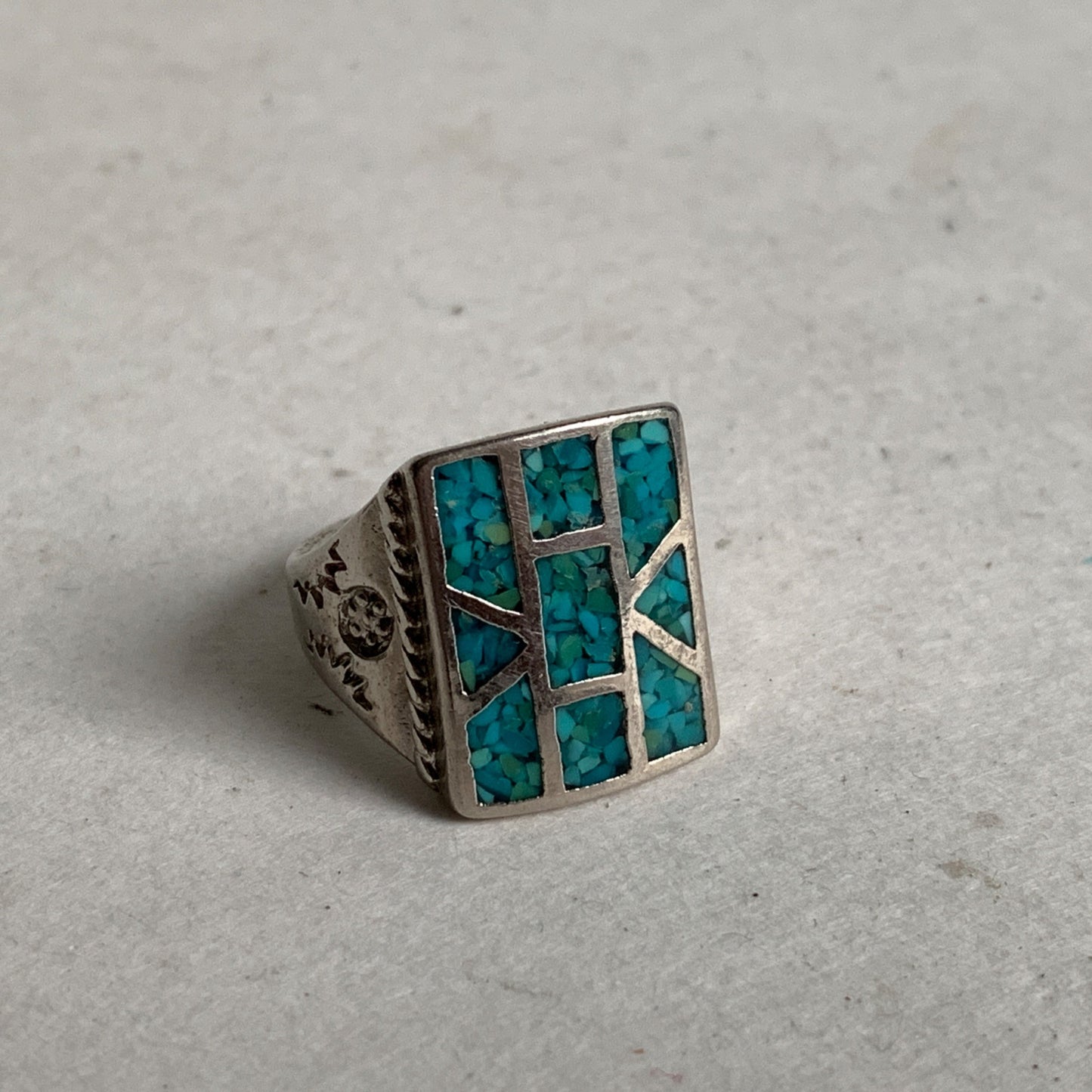 Vintage Sterling Turquoise Mosaic Chip Ring Size 8.5