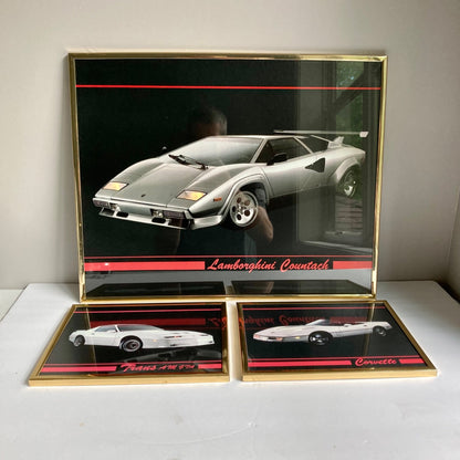 Vintage Set 3 Framed Sports Car Prints Lamborghini Countach Corvette Trans Am
