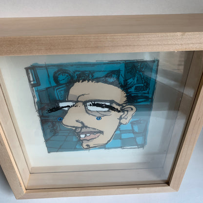 Signed 3D Framed Portrait Man with Blue Checked Background Wood Frame 2000