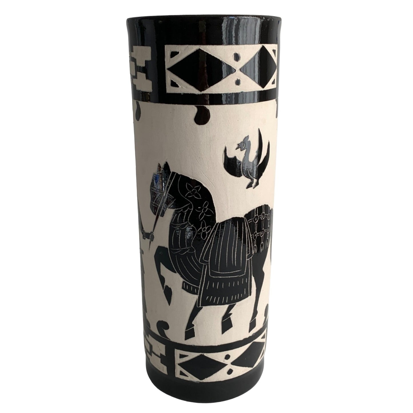 Large Vintage Black White Tall Skinny Vase Horse