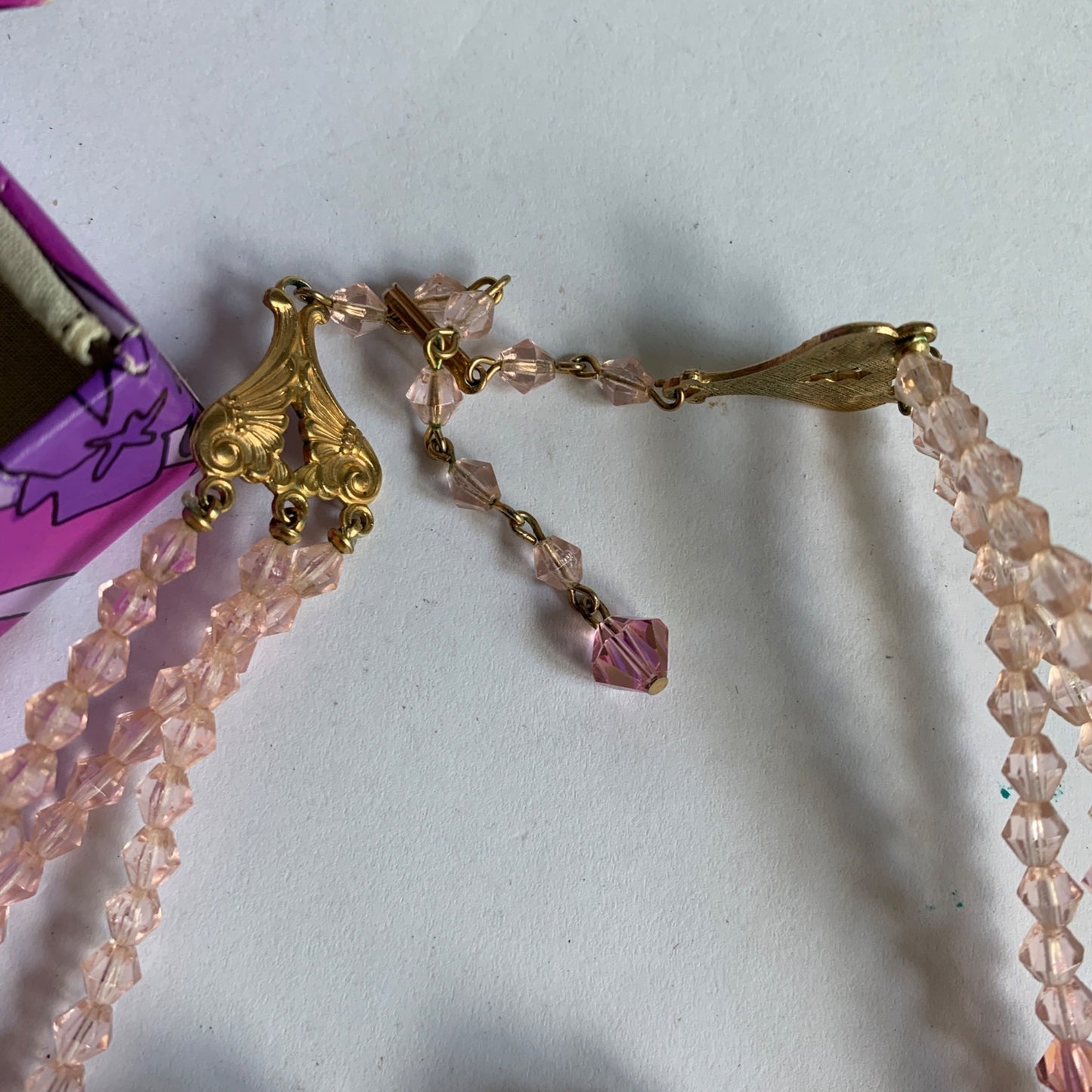 Vintage Pink Necklace Clip-On Earrings Box & Handkerchief Lot