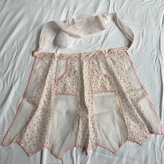 Vintage White Pink Sheer Half Apron Floral