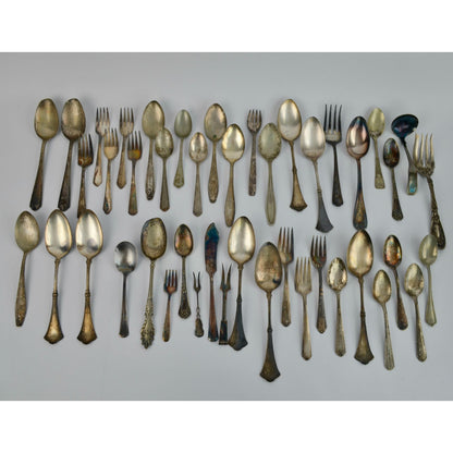 Large Lot 44 Vintage Antique Silverware Flatware Mixed Brands Patterns
