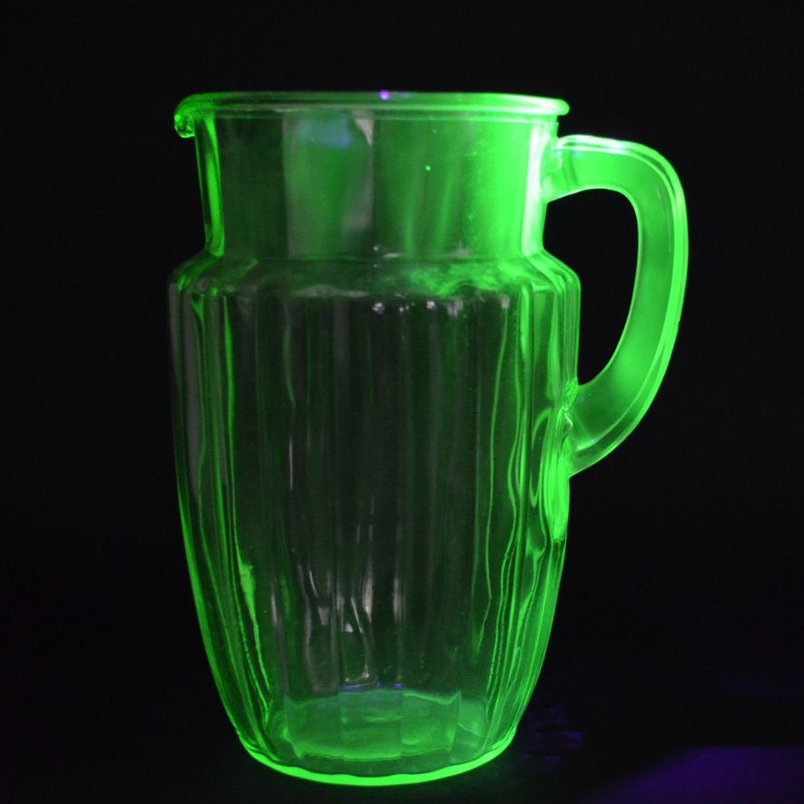 Vintage Anchor Hocking Pillar Optic Green Uranium Glass Pitcher