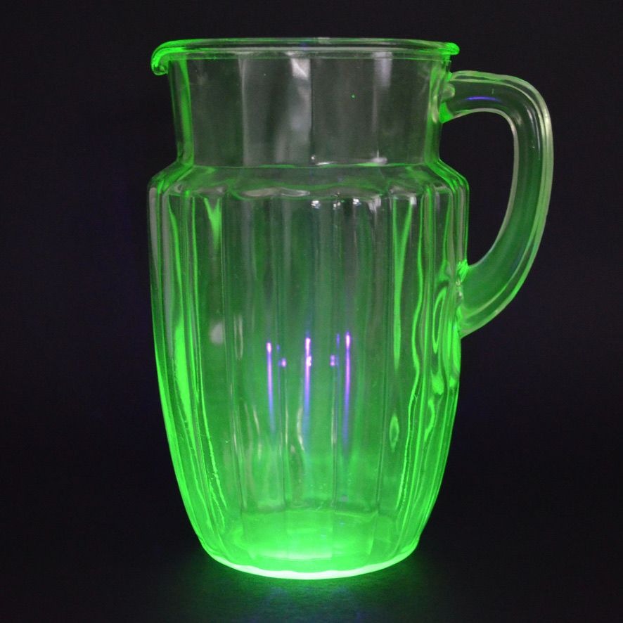 Vintage Anchor Hocking Pillar Optic Green Uranium Glass Pitcher