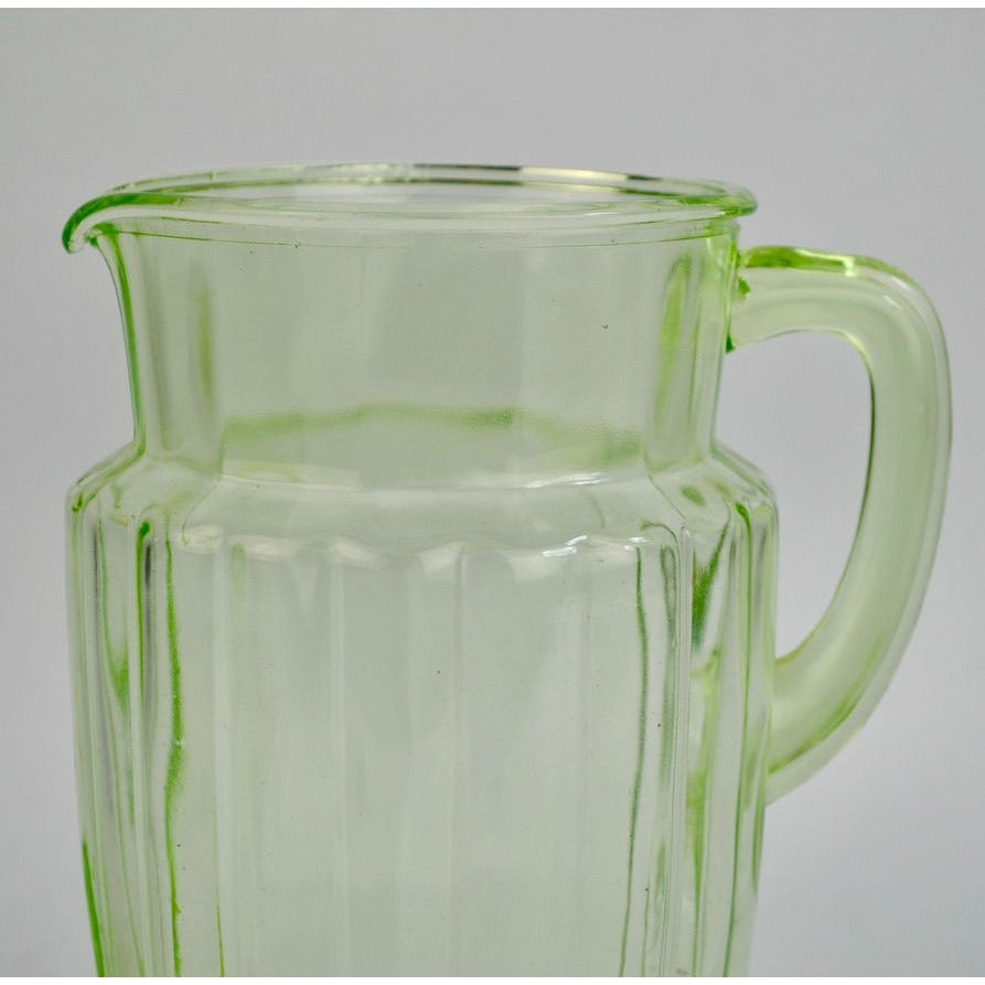 Vintage Anchor Hocking Pillar Optic Green Uranium Glass Pitcher