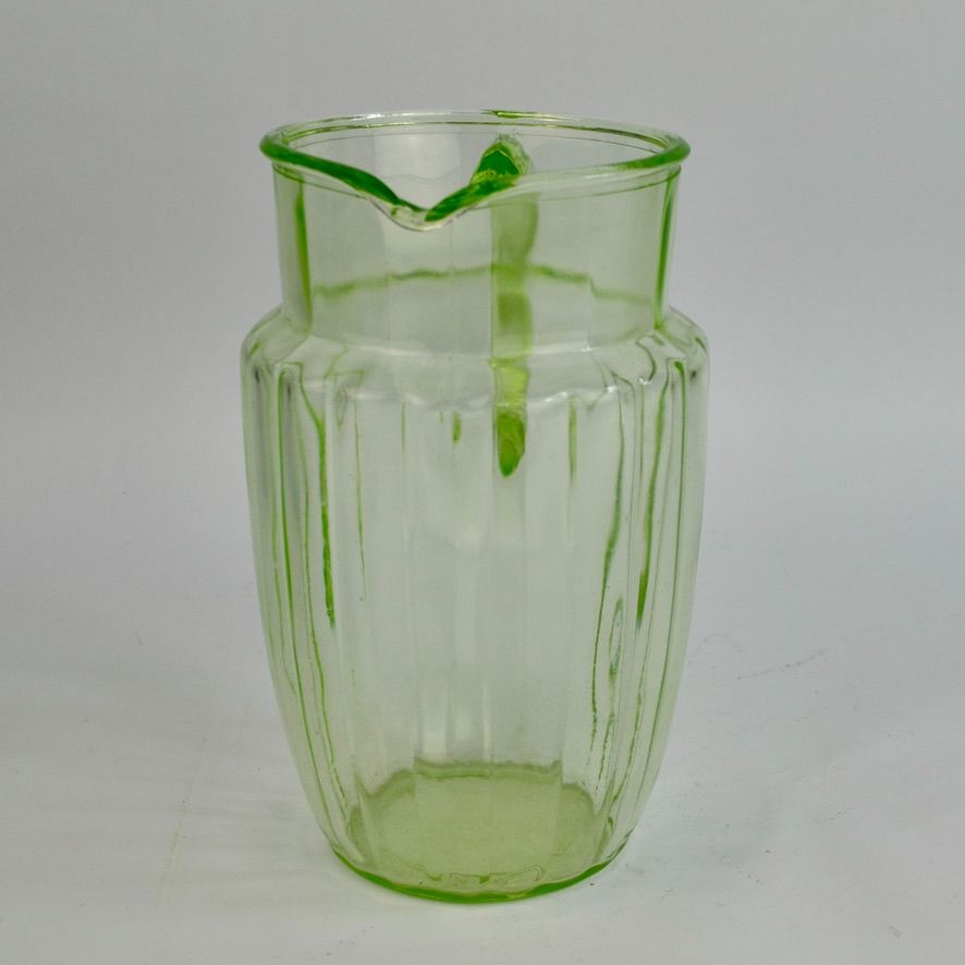 Vintage Anchor Hocking Pillar Optic Green Uranium Glass Pitcher