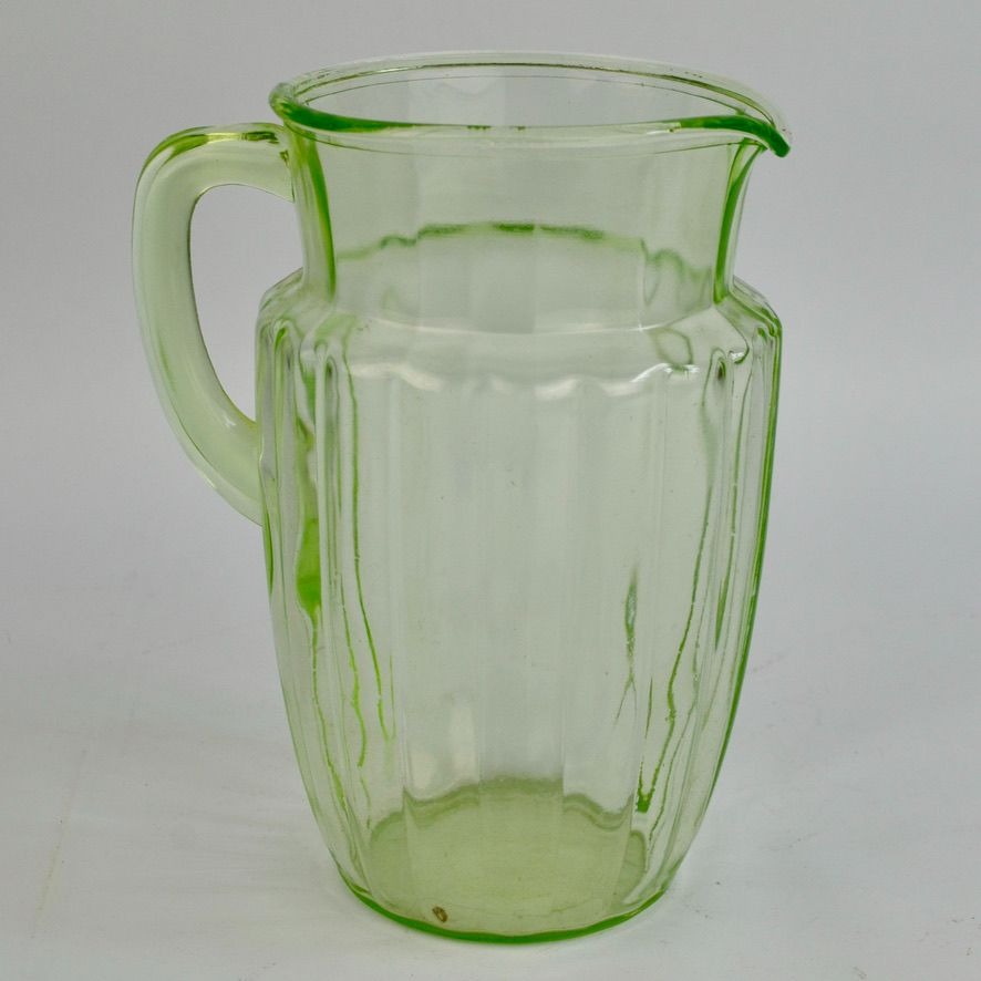 Vintage Anchor Hocking Pillar Optic Green Uranium Glass Pitcher