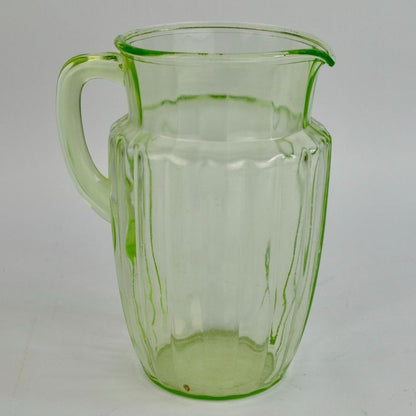 Vintage Anchor Hocking Pillar Optic Green Uranium Glass Pitcher