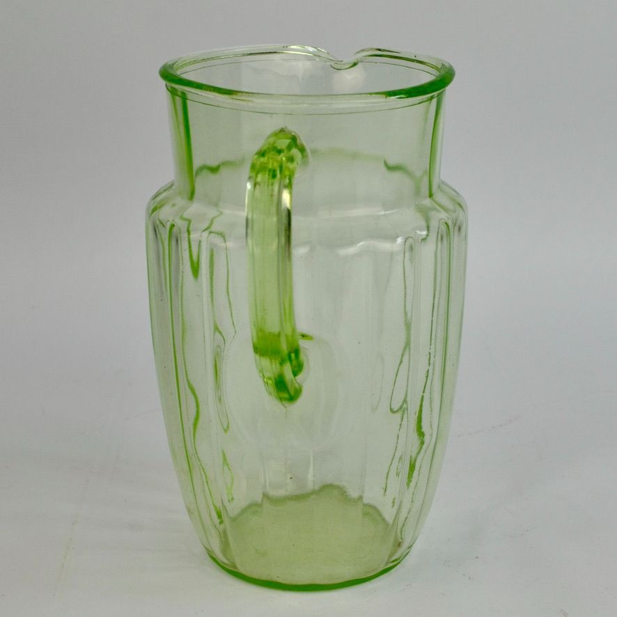 Vintage Anchor Hocking Pillar Optic Green Uranium Glass Pitcher