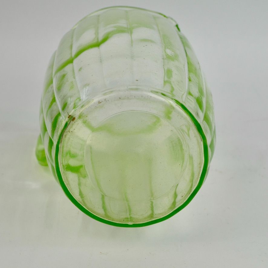 Vintage Anchor Hocking Pillar Optic Green Uranium Glass Pitcher