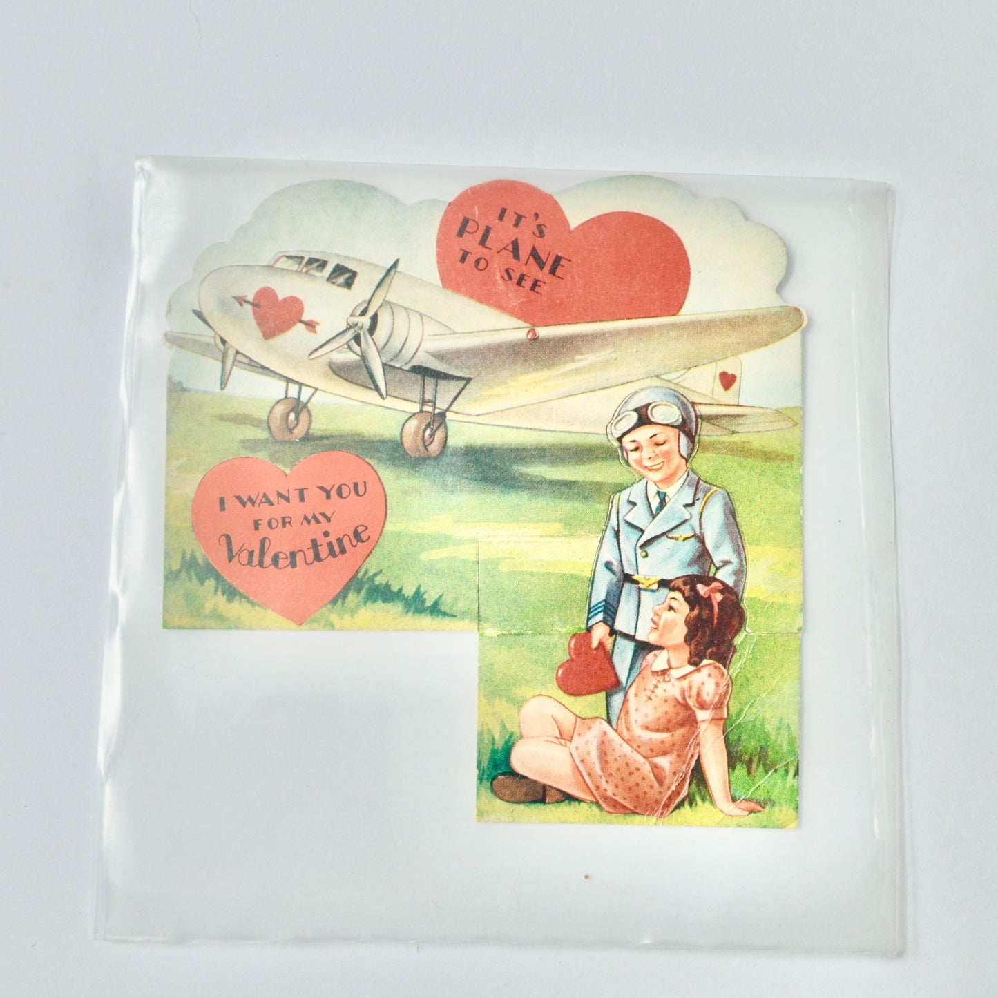 Vintage Valentine Card I Want You For My Airplane Pilot Girl Heart