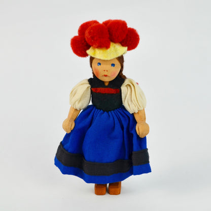Handcrafted Wooden Doll With Traditional German Black Forest Bollenhut Outfit Red Pom Hat & Braided Hair Blue Dress