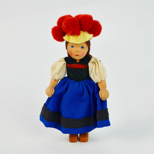Handcrafted Wooden Doll With Traditional German Black Forest Bollenhut Outfit Red Pom Hat & Braided Hair Blue Dress