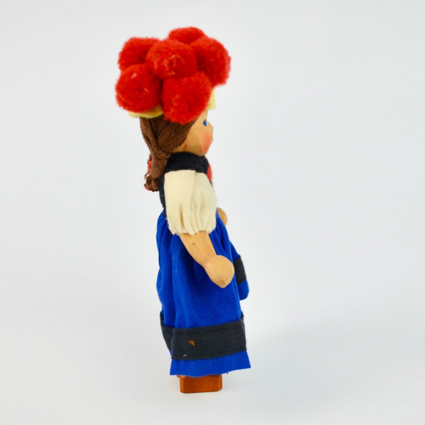 Handcrafted Wooden Doll With Traditional German Black Forest Bollenhut Outfit Red Pom Hat & Braided Hair Blue Dress