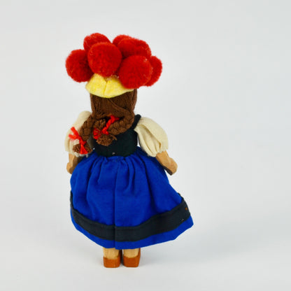 Handcrafted Wooden Doll With Traditional German Black Forest Bollenhut Outfit Red Pom Hat & Braided Hair Blue Dress