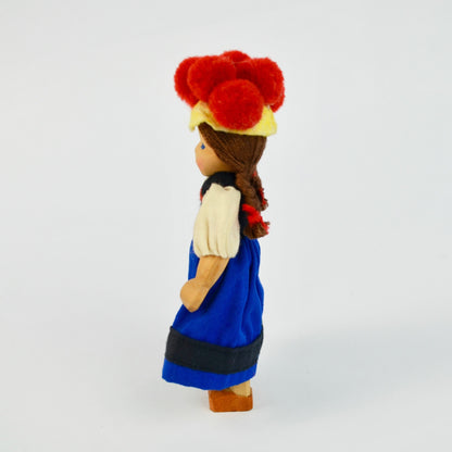 Handcrafted Wooden Doll With Traditional German Black Forest Bollenhut Outfit Red Pom Hat & Braided Hair Blue Dress