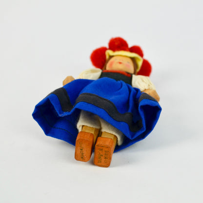 Handcrafted Wooden Doll With Traditional German Black Forest Bollenhut Outfit Red Pom Hat & Braided Hair Blue Dress