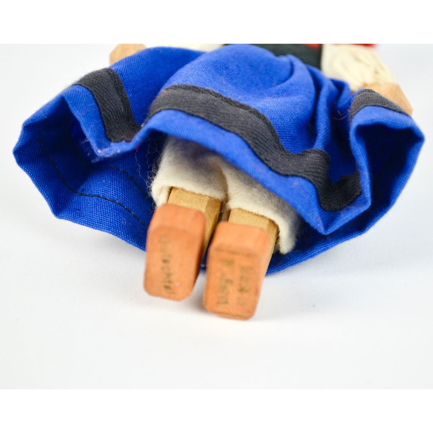 Handcrafted Wooden Doll With Traditional German Black Forest Bollenhut Outfit Red Pom Hat & Braided Hair Blue Dress