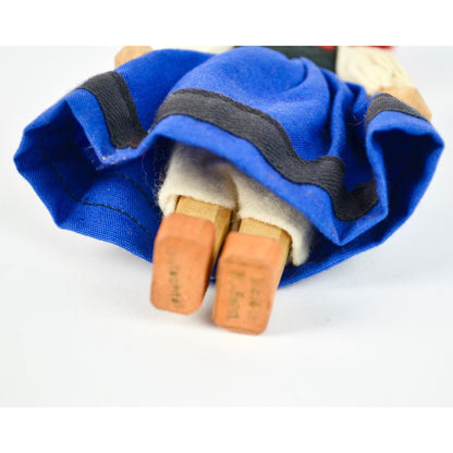 Handcrafted Wooden Doll With Traditional German Black Forest Bollenhut Outfit Red Pom Hat & Braided Hair Blue Dress