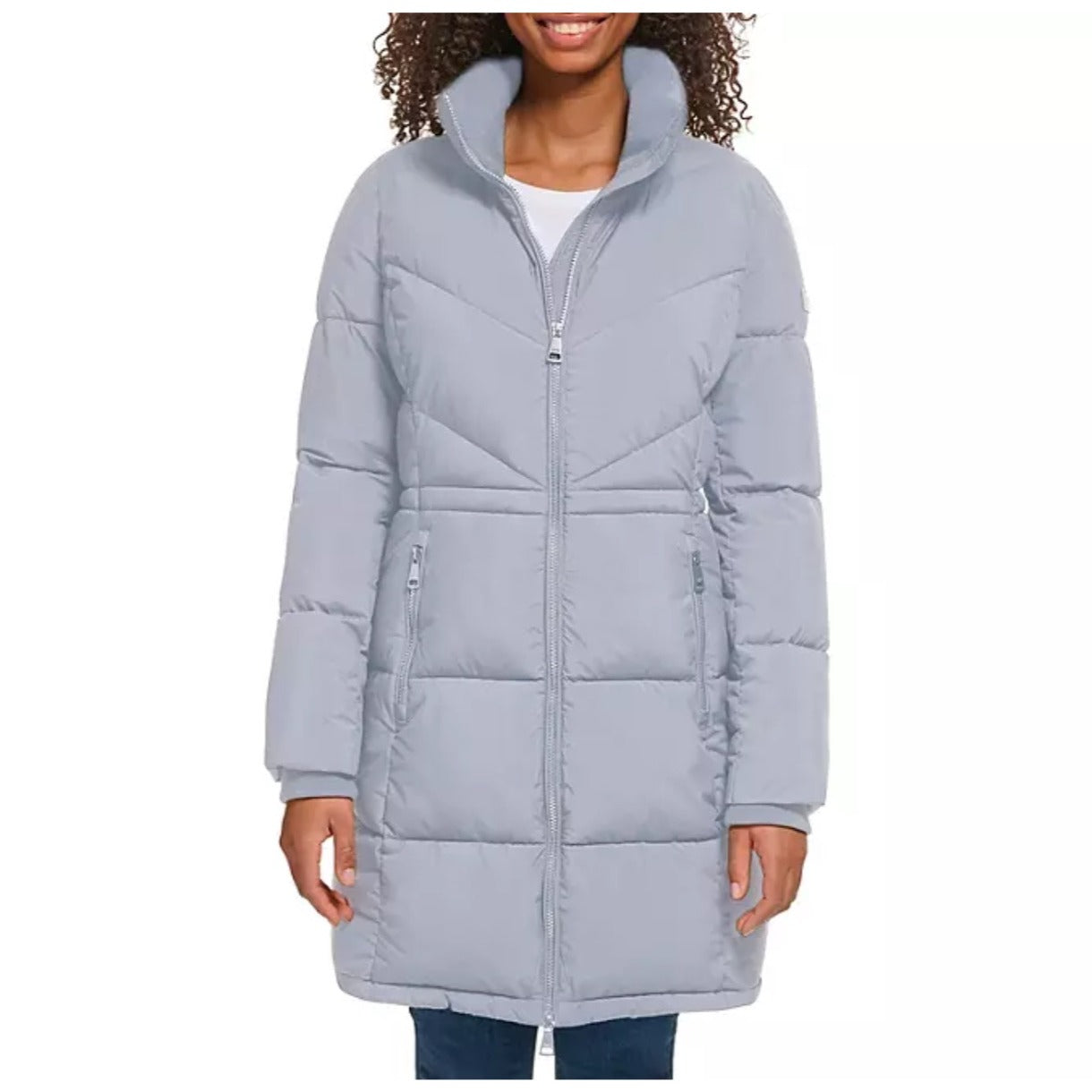 Calvin Klein Womens Quilted Chevron Packable Hooded Puffer Coat Size M Light Grey