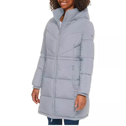 Calvin Klein Womens Quilted Chevron Packable Hooded Puffer Coat Size M Light Grey